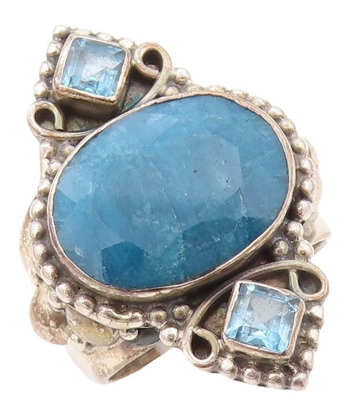 925 Sterling Silver Vintage Ring Carved Oval Gemstone Blue Topaz  Sz 8  RG30572
