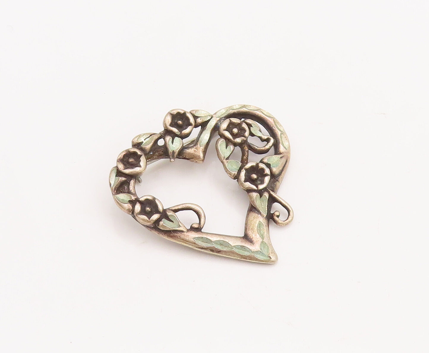 925 Sterling Silver Vintage Brooch Pin Solid Cutout Floral Love Heart  BP11085