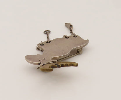 MEXICO 925 Silver  Vintage Two Tone Animal Dangle Chain Brooch Pin  BP10235
