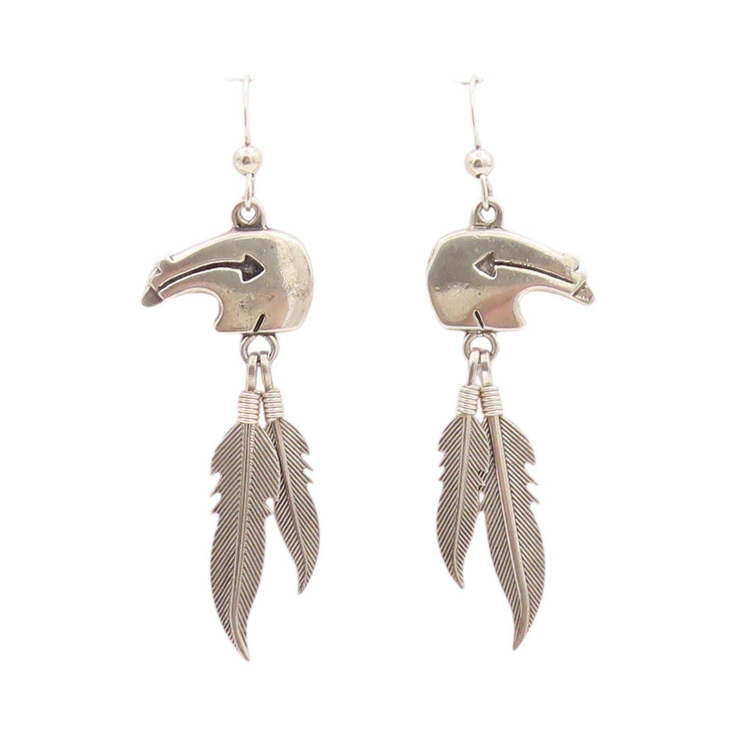 925 Sterling Silver Vintage Earrings SOUTHWESTERN Bear Dangling Feathers EG13531