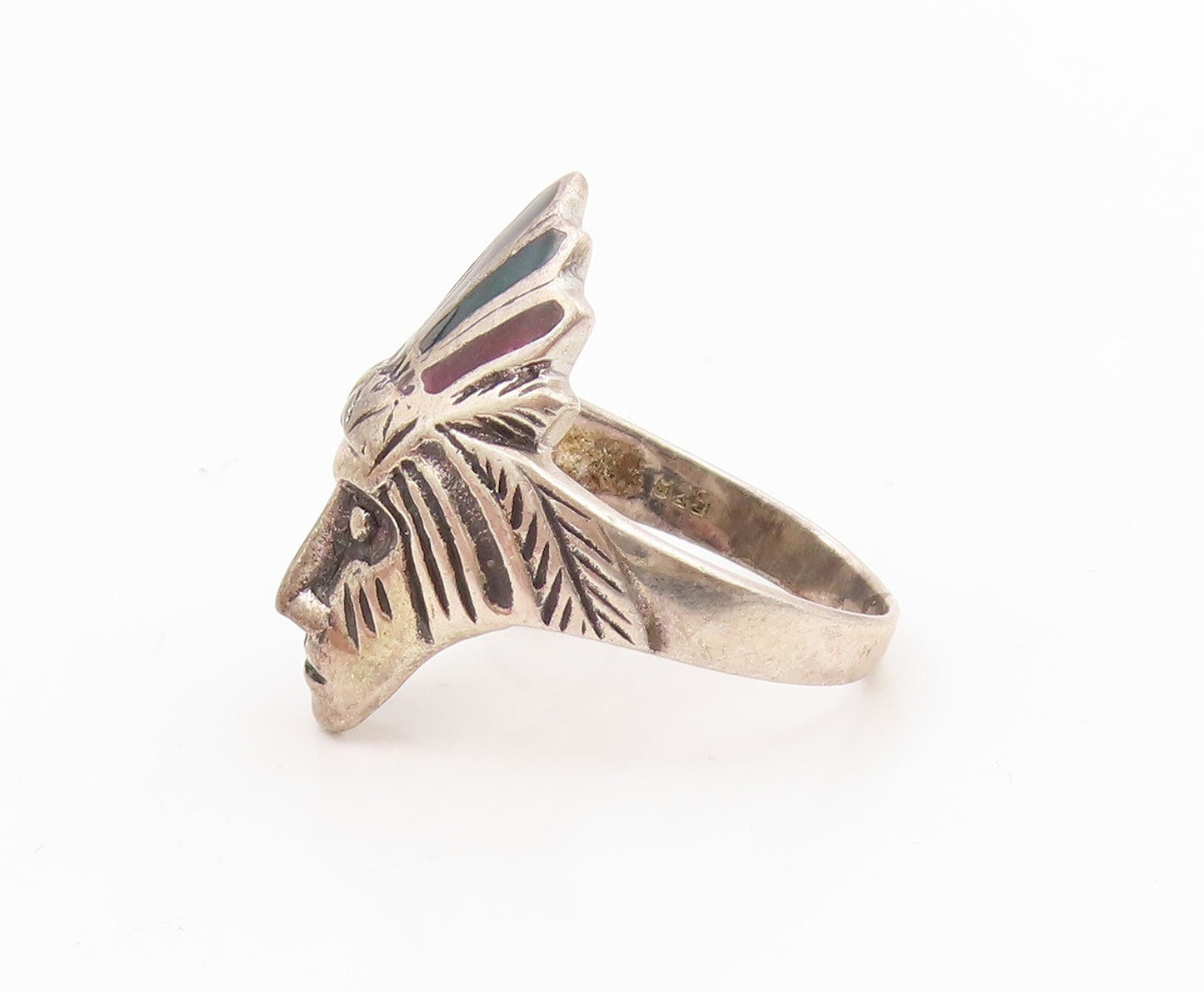 925 Sterling Silver Vintage Ring Enamel Warrior Headdress Motif  Sz 7  RG35416
