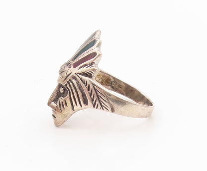 925 Sterling Silver Vintage Ring Enamel Warrior Headdress Motif  Sz 7  RG35416