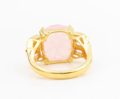 925 Sterling Silver Vintage Ring Gold Plated Carved Rose Quartz  Sz 10  RG34172