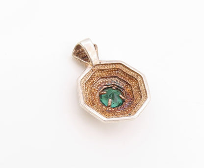 925 Sterling Silver Vintage Pendant Green CZ Geometric Octagon Charm  PT25820