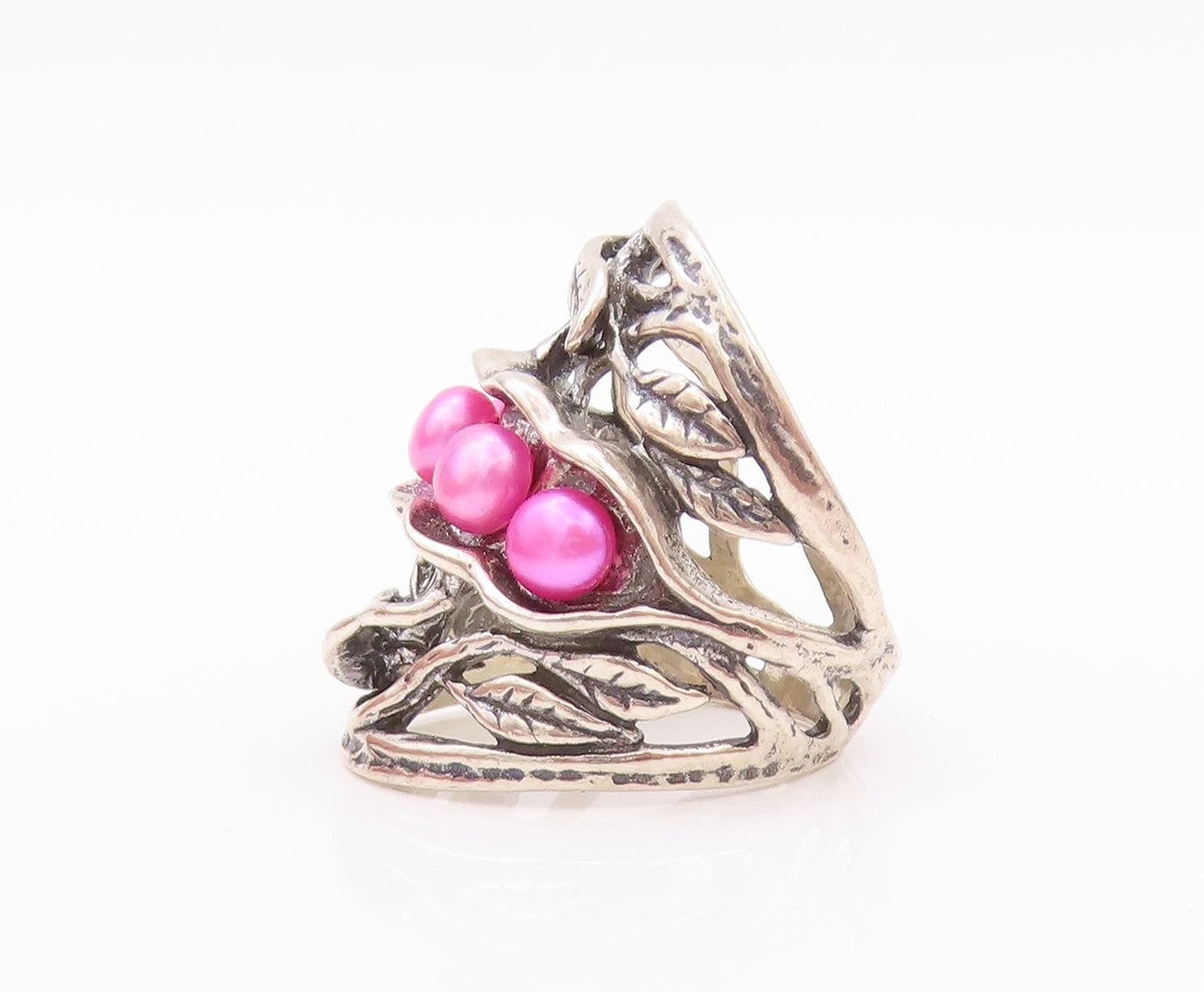 925 Sterling Silver Vintage Ring ISRAEL Pink Pearls Brutalist Cut  Sz 7  RG32406