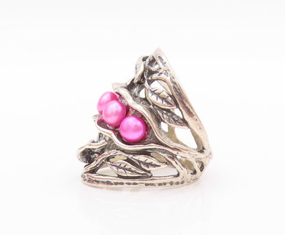 925 Sterling Silver Vintage Ring ISRAEL Pink Pearls Brutalist Cut  Sz 7  RG32406