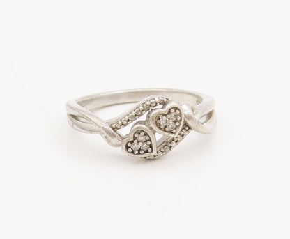 925 Sterling Silver  Vintage Swirly Hearts Inlay Diamonds Ring Sz 7  RG27008
