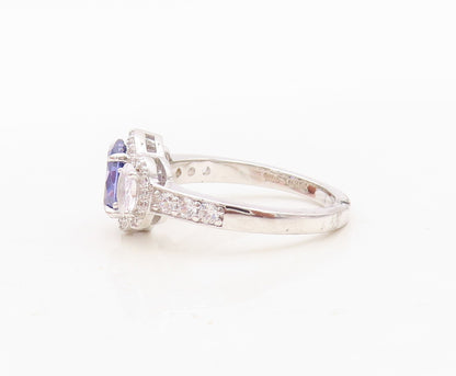 925 Sterling Silver Vintage Ring Oval Cut Sapphire Halo CZ Band  Sz 7  RG30459
