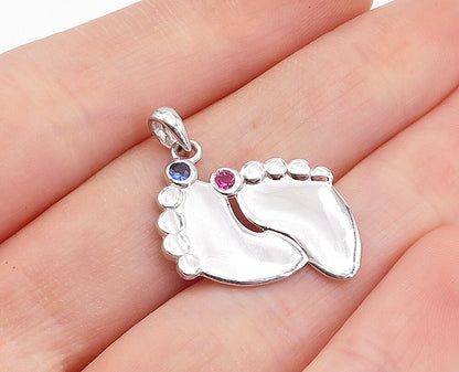 925 Sterling Silver  Pink & Blue Topaz Foot Prints Motif Drop Pendant  PT2796