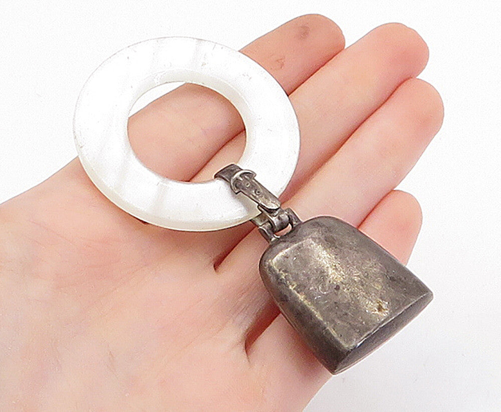 WEB 925 Sterling Silver  Vintage Mother Of Pearl Baby Rattle Pendant  PT3047