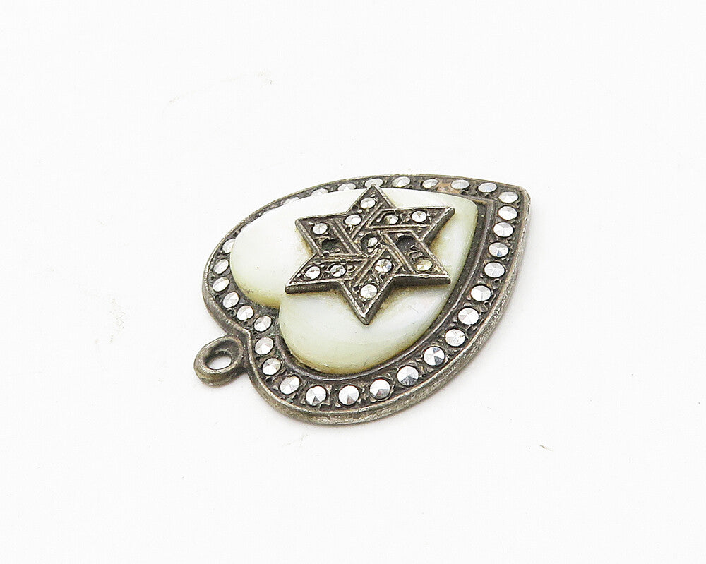925 Sterling Silver  Vintage Antique Mother Of Pearl Heart Pendant  PT14675