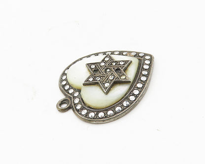 925 Sterling Silver  Vintage Antique Mother Of Pearl Heart Pendant  PT14675