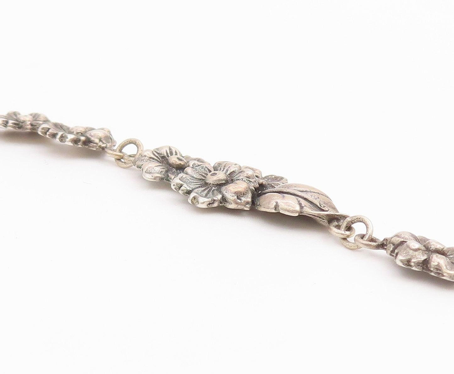 925 Sterling Silver Vintage Necklace Classic Botanical Floral Motif Link  NE4889