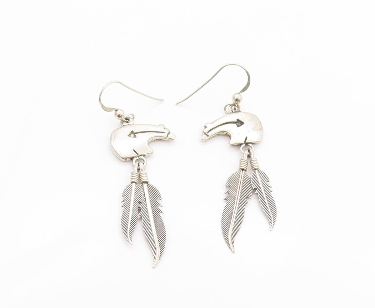 925 Sterling Silver Vintage Earrings SOUTHWESTERN Bear Dangling Feathers EG13531