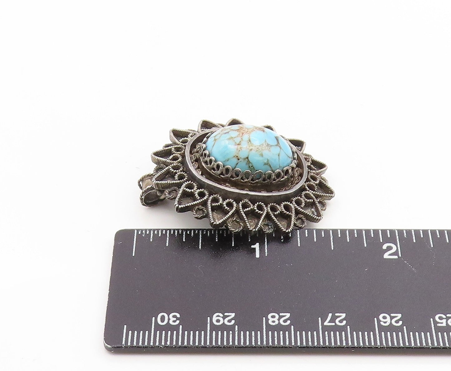 925 Sterling Silver Vintage Brooch ISRAEL Cabochon Turquoise Floral Pin  BP12423