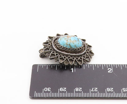 925 Sterling Silver Vintage Brooch ISRAEL Cabochon Turquoise Floral Pin  BP12423