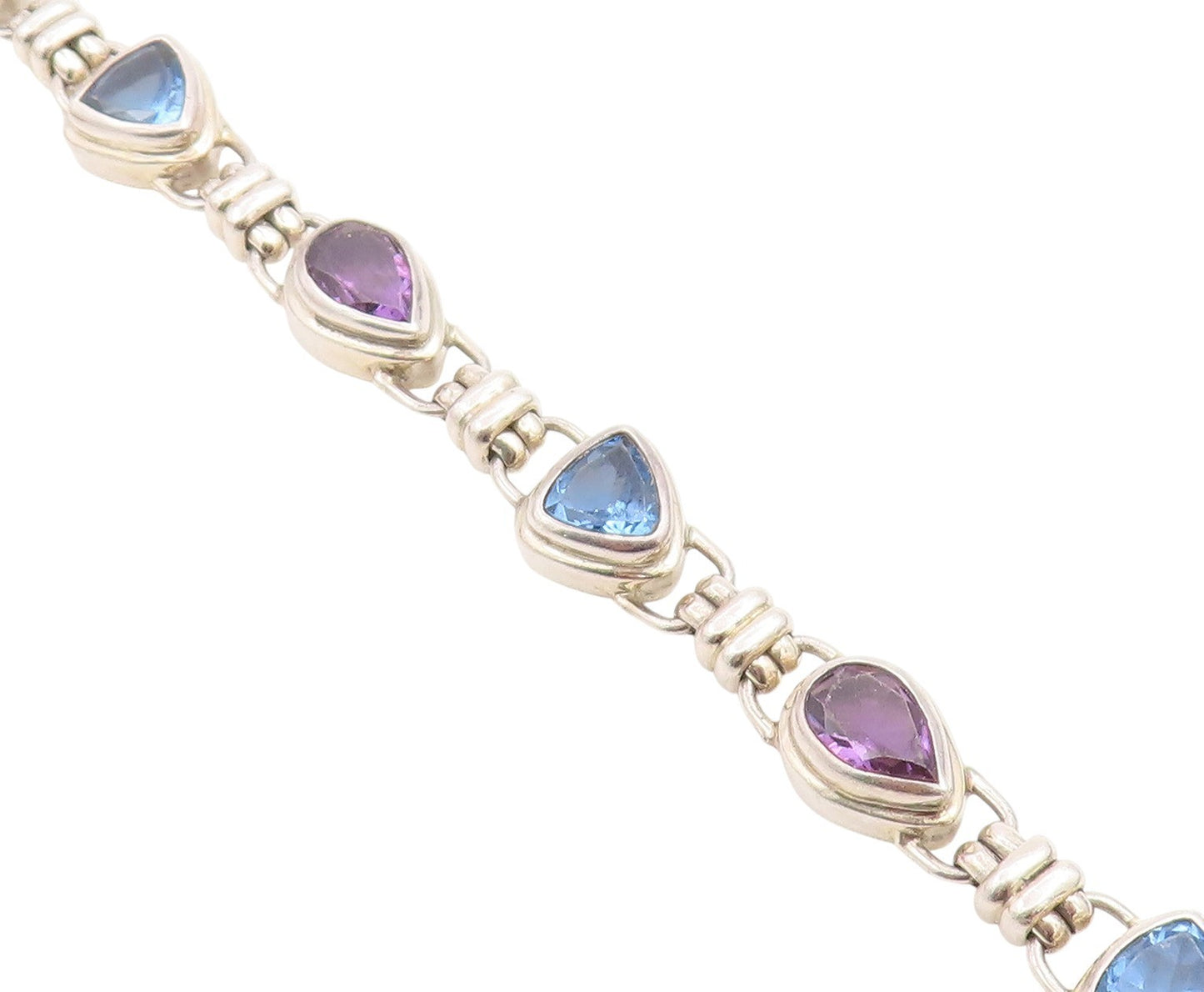 925 Sterling Silver Vintage Bracelet Amethyst & Blue Topaz Link Chain  BT11465