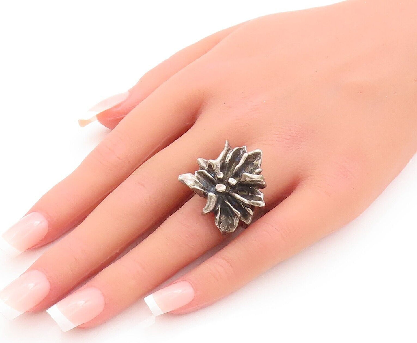 925 Sterling Silver Vintage Ring Designer Solid Carved Flower  Sz 6  RG28551