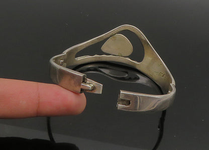 MEXICO 925 Sterling Silver  Vintage Black Onyx Shiny Bangle Bracelet  BT8909