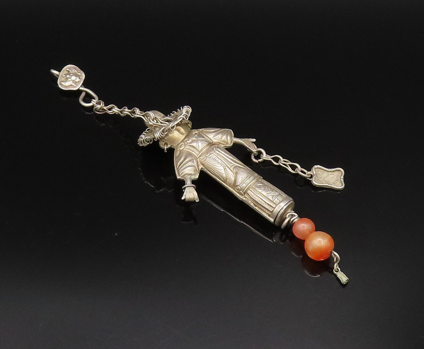 925 Silver  Vintage Sculpted Native Woman & Agate Beads Pendant  PT21615