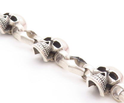 925 Sterling Silver Vintage Bracelet Heavy Carved Skulls Biker Design  BT11124