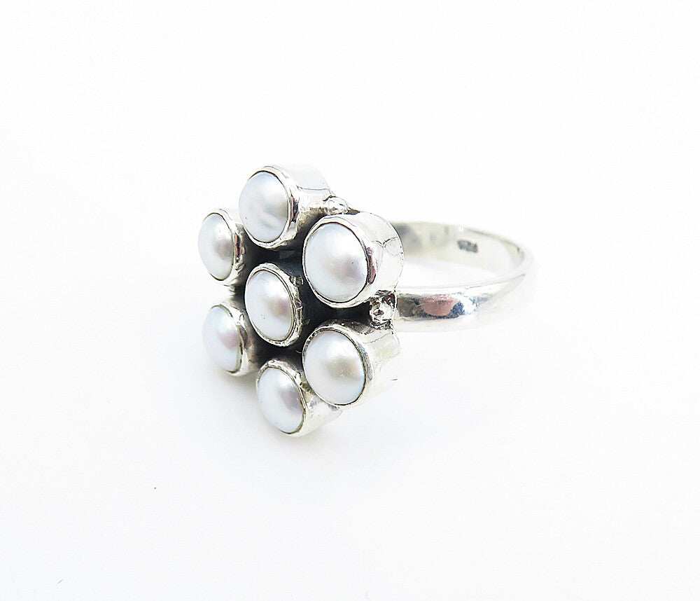 925 Sterling Silver  Freshwater Pearls Floral Style Cocktail Ring Sz 7  RG8090