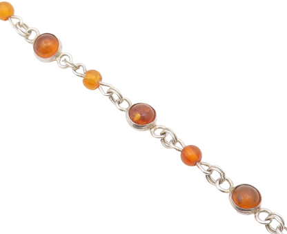 925 Sterling Silver  Vintage Cabochon Cut Amber Round Chain Bracelet  BT6849