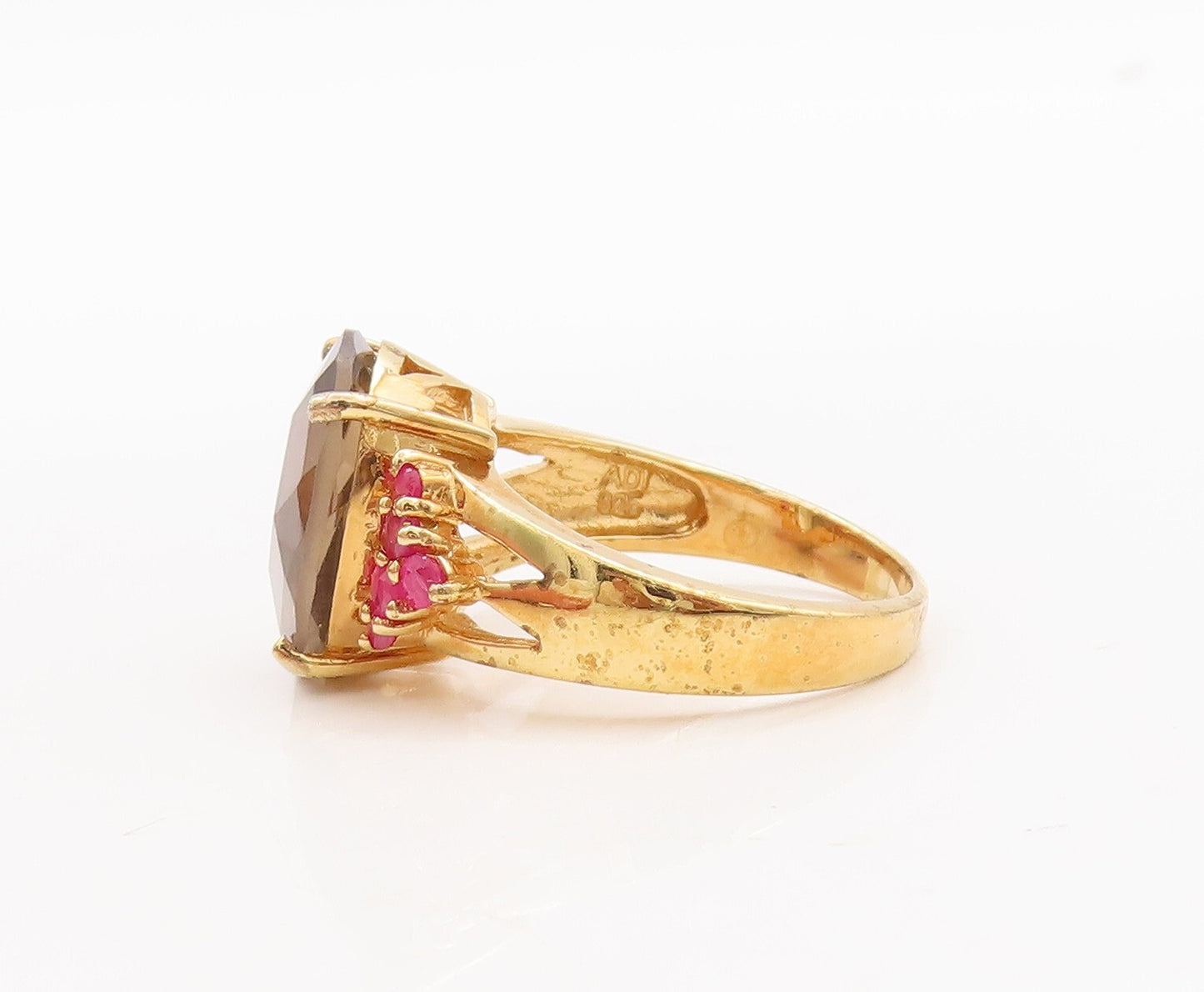 925 Sterling Silver Vintage Ring Gold Plated Smoky Quartz & Ruby  Sz 7  RG29770
