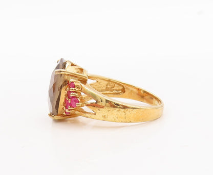 925 Sterling Silver Vintage Ring Gold Plated Smoky Quartz & Ruby  Sz 7  RG29770