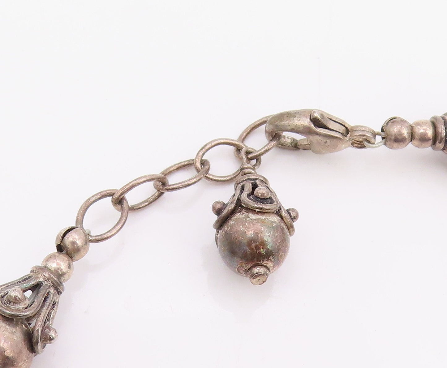 925 Sterling Silver Vintage Necklace Two Tone Bohemian Ethnic Bead Chain  NE4782
