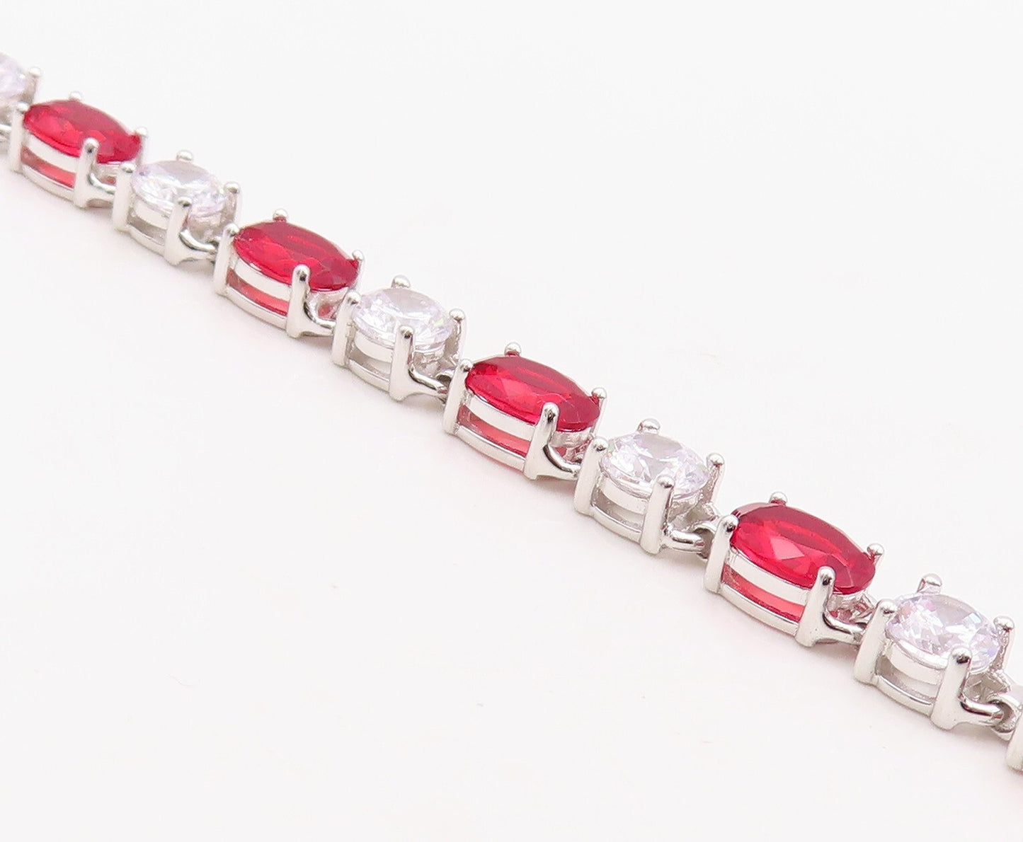 925 Sterling Silver Vintage Bracelet Minimalist Oval Cut Red & White CZ  BT10882