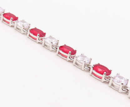 925 Sterling Silver Vintage Bracelet Minimalist Oval Cut Red & White CZ  BT10882