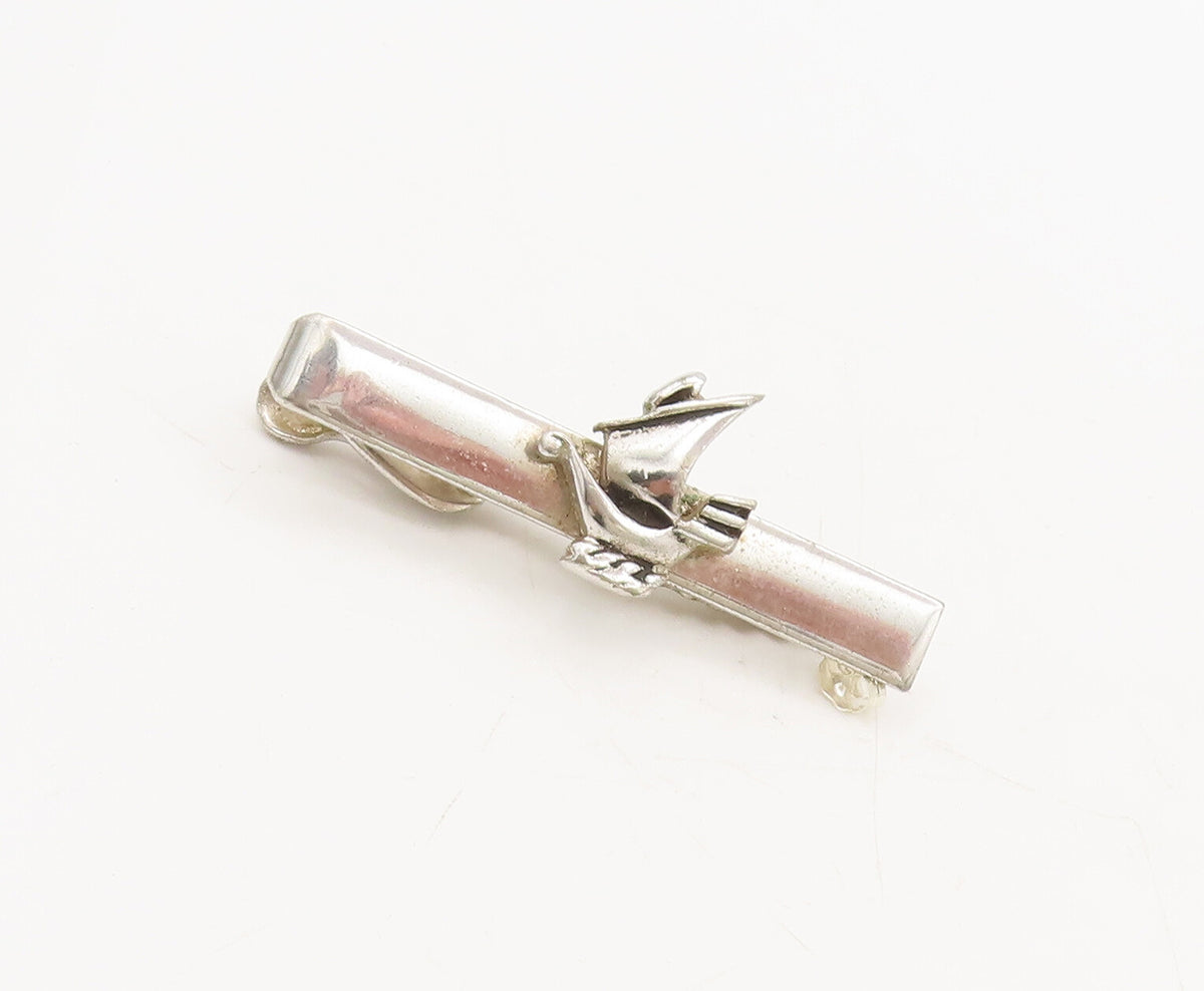 925 Sterling Silver  Vintage Sailor Ship Carved On Designer Tie Clip  TR3652