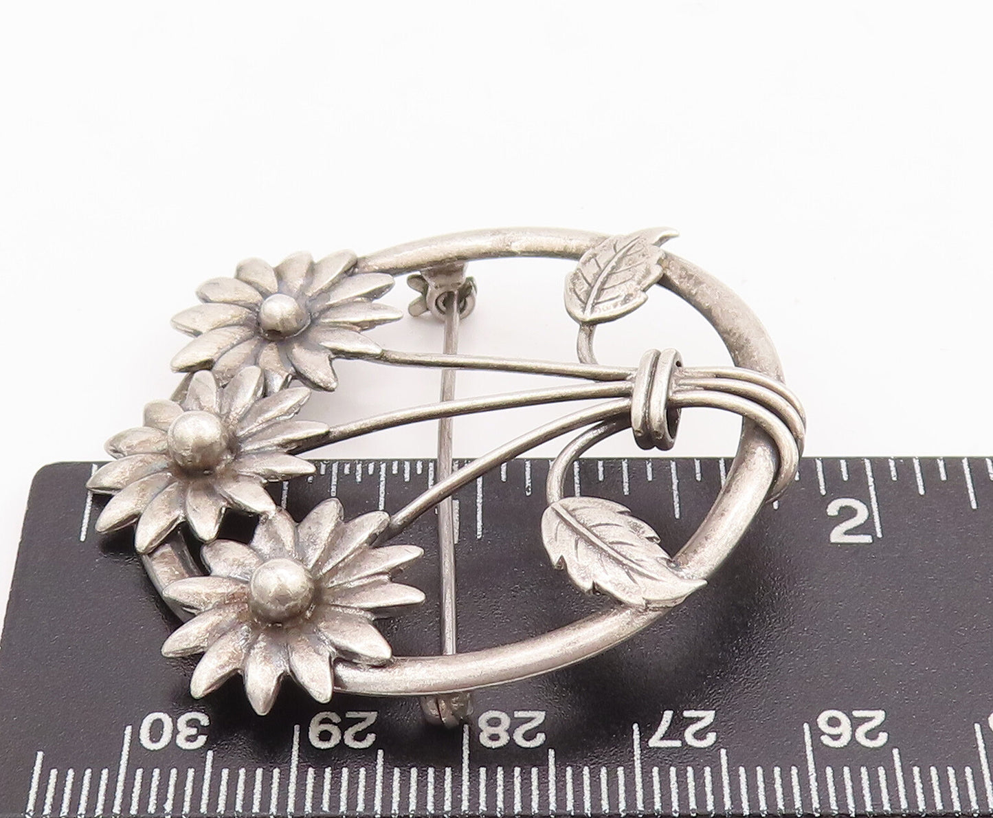 925 Sterling Silver Vintage Brooch Pin Round Framed Sunflowers  BP11121