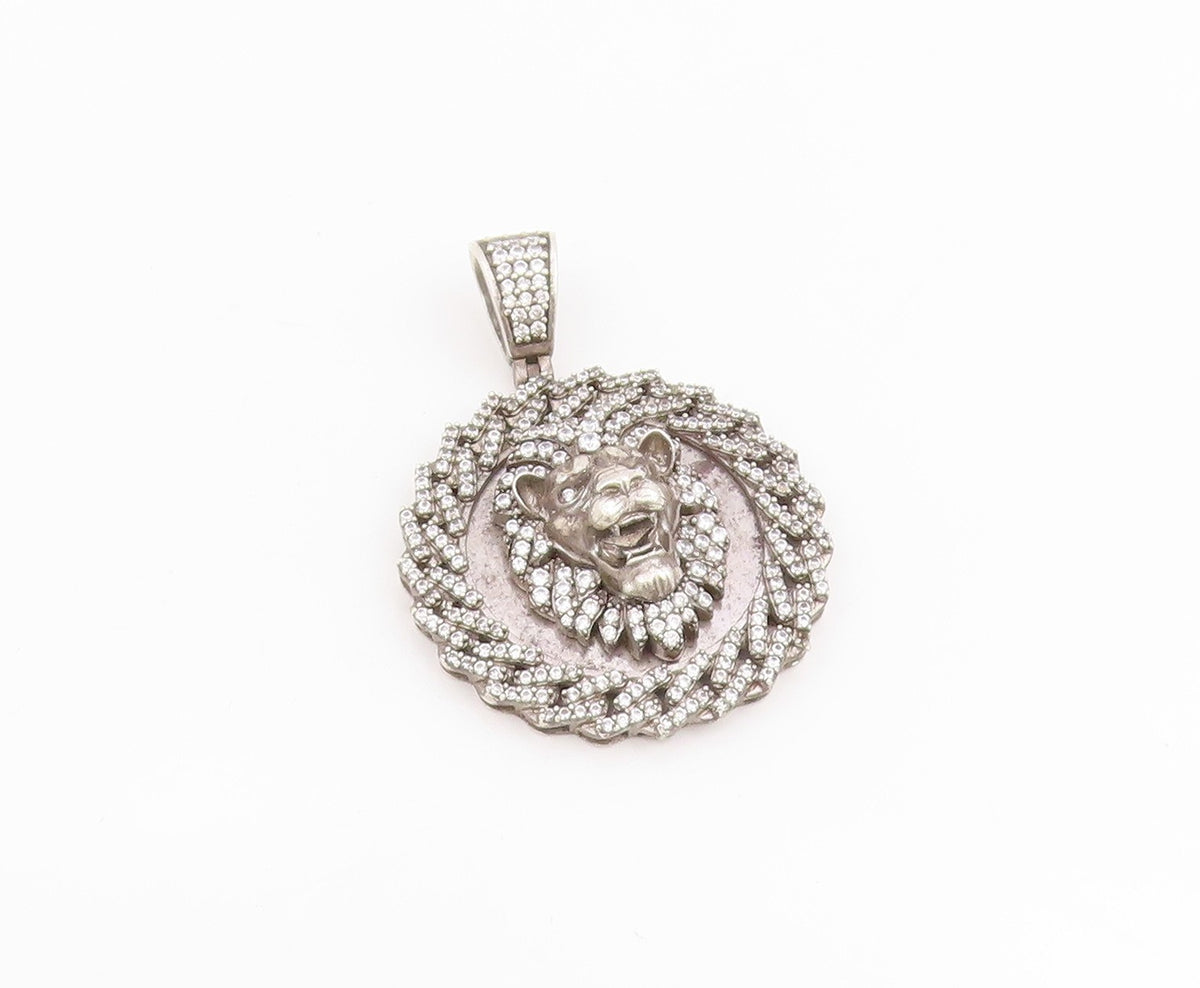 925 Sterling Silver Vintage Pendant CZ Roaring Lion Head Medallion  PT25638