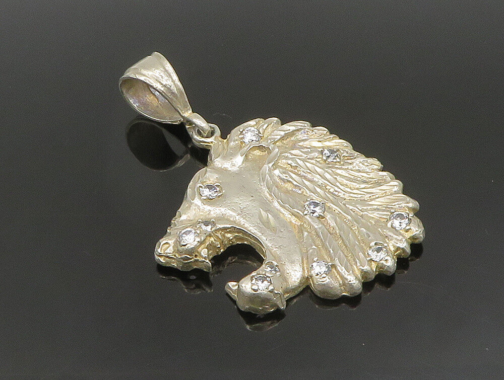 925 Silver  Vintage Carved Roaring Lion Head Cubic Zirconia Pendant  PT20394