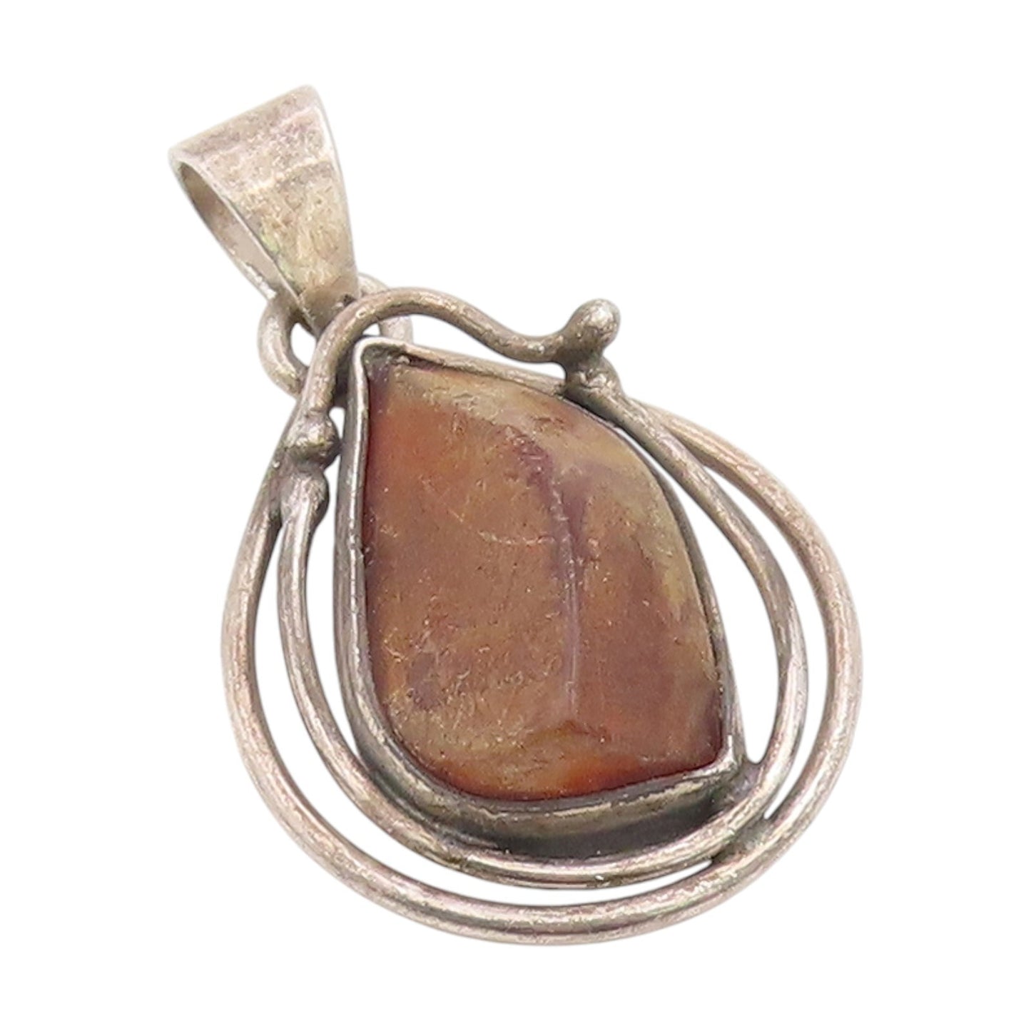 925 Sterling Silver Vintage Pendant Modernist Amber Wire Wrapped Drop  PT25869