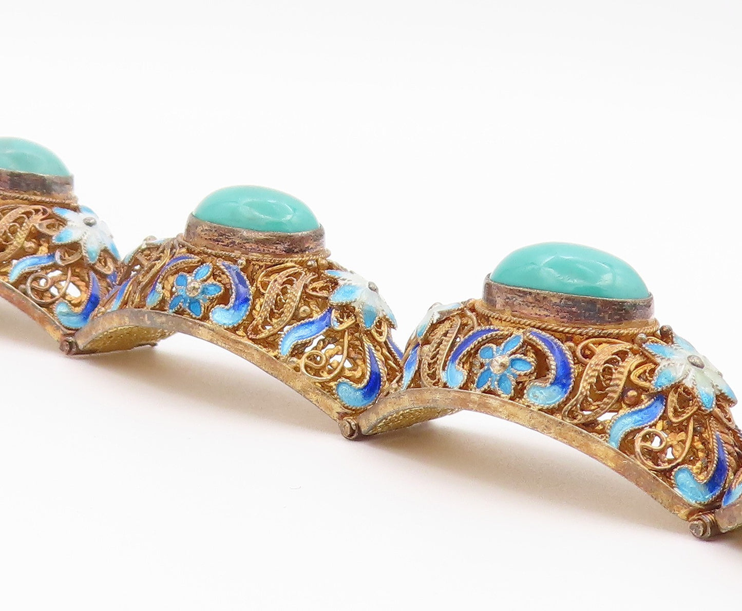 925 Sterling Silver Vintage Bracelet CHINESE EXPORT Turquoise Filigree  BT12192