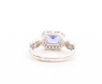 925 Sterling Silver Vintage Ring Rectangle Sapphire Halo CZ Band  Sz 7.5 RG31220
