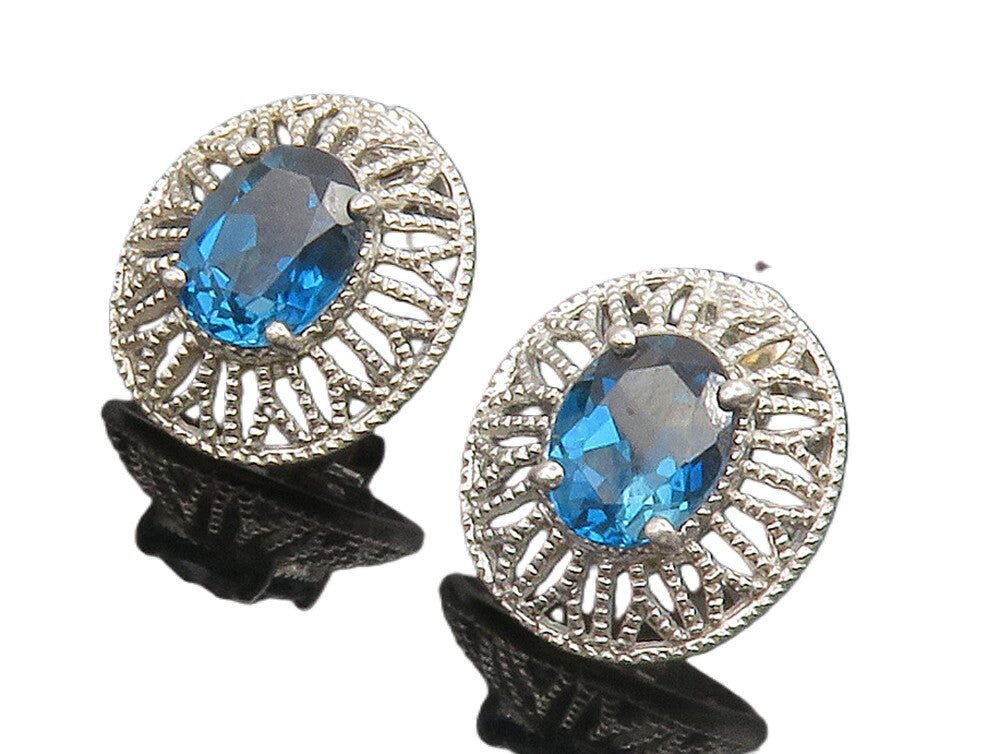 925 Sterling Silver  Shiny Blue Topaz Floral Dome Drop Earrings  EG7575