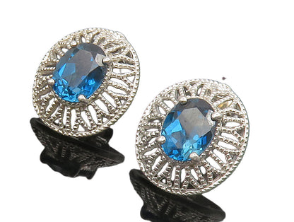 925 Sterling Silver  Shiny Blue Topaz Floral Dome Drop Earrings  EG7575