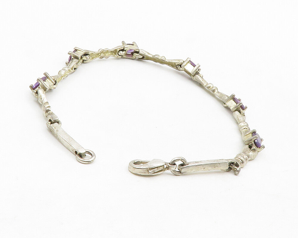 MEXICO 925 Sterling Silver Vintage Amethyst Bow Link Chain Bracelet BT5129