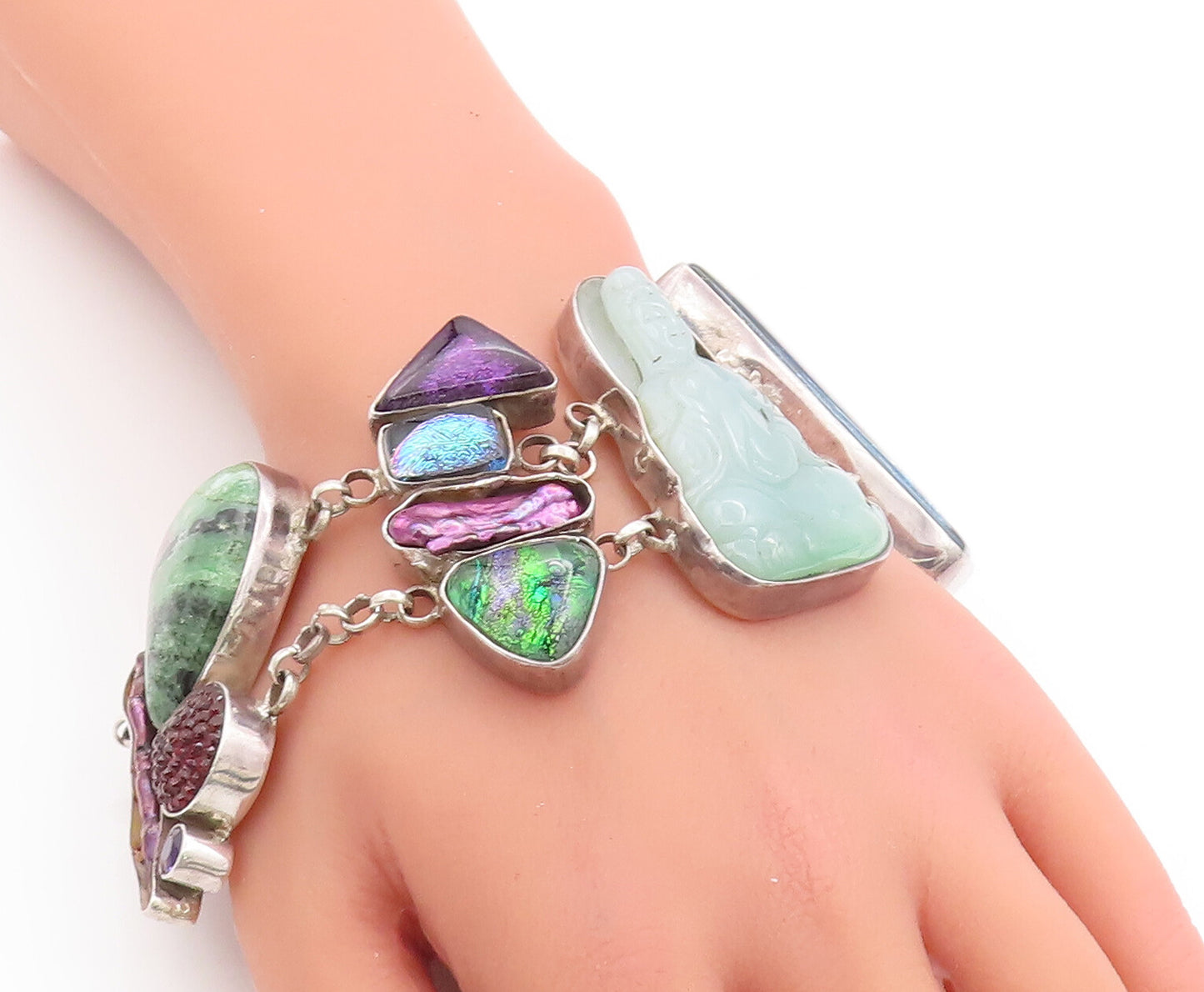 925 Sterling Silver Vintage Bracelet Heavy Designer Multi Stone Buddha  BT10357