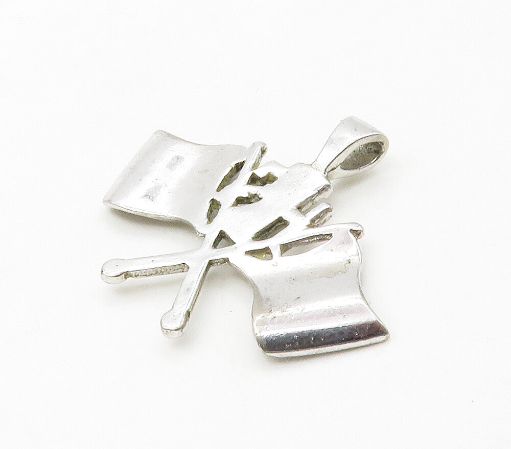 925 Sterling Silver  Vintage Shiny Crossed Flags Round Drop Pendant  PT13067