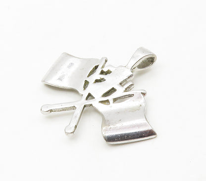 925 Sterling Silver  Vintage Shiny Crossed Flags Round Drop Pendant  PT13067