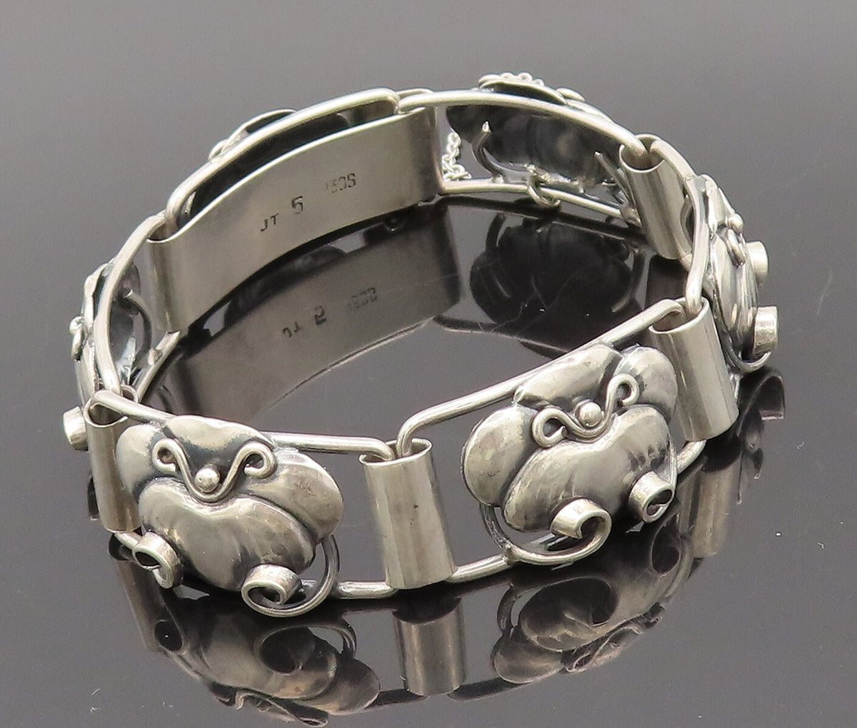 925 Sterling Silver Vintage Bracelet DENMARK Link Carved Framed Flower  BT10218