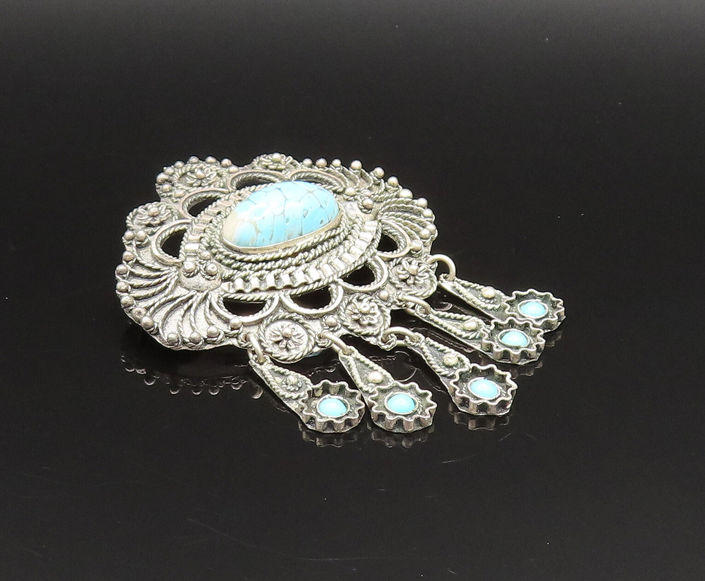 MIDDLE EAST 925 Silver  Vintage Beads & Rope Turquoise Brooch Pin  BP9609