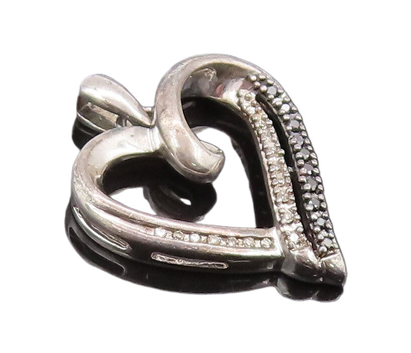 925 Sterling Silver Vintage Pendant Real Black & White Diamonds Heart  PT22634