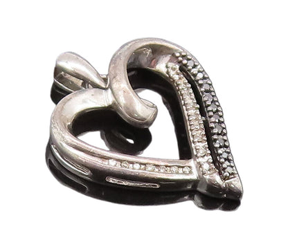 925 Sterling Silver Vintage Pendant Real Black & White Diamonds Heart  PT22634