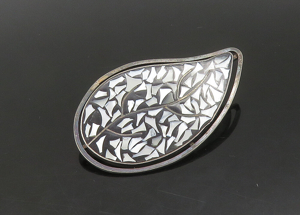 ISRAEL 925 Silver  Vintage Mother Of Pearl Mosaic Leaf Brooch Pin  BP8995